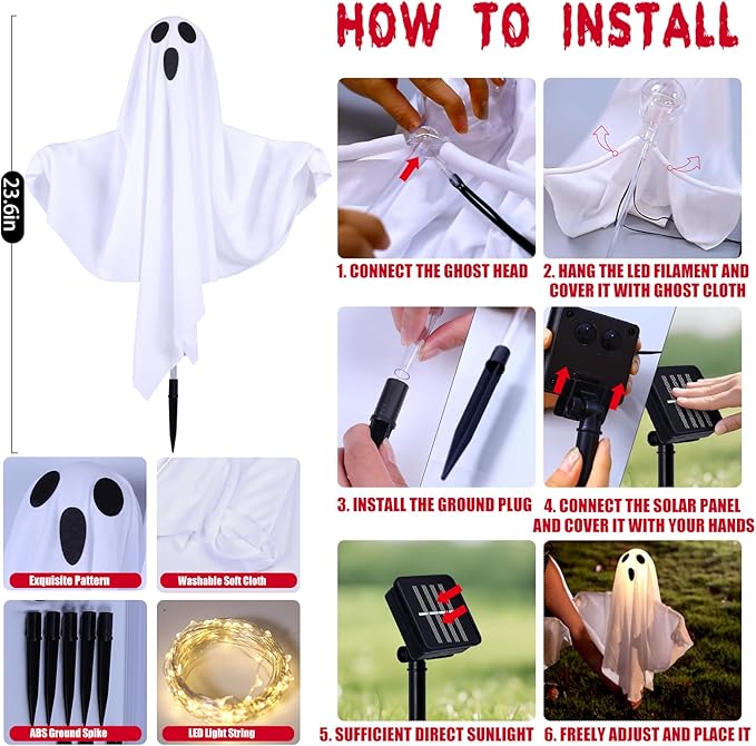 Set of 5 Solar Halloween Ghost Lights - Outdoor Ground Stake Decor