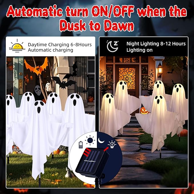 Set of 5 Solar Halloween Ghost Lights - Outdoor Ground Stake Decor