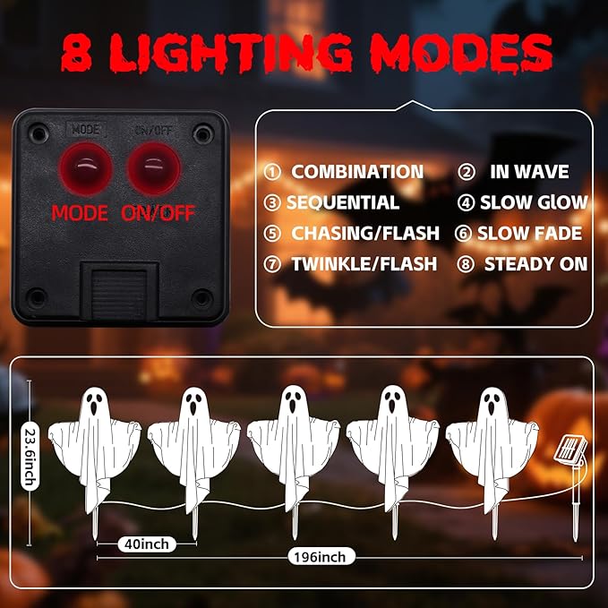 Set of 5 Solar Halloween Ghost Lights - Outdoor Ground Stake Decor