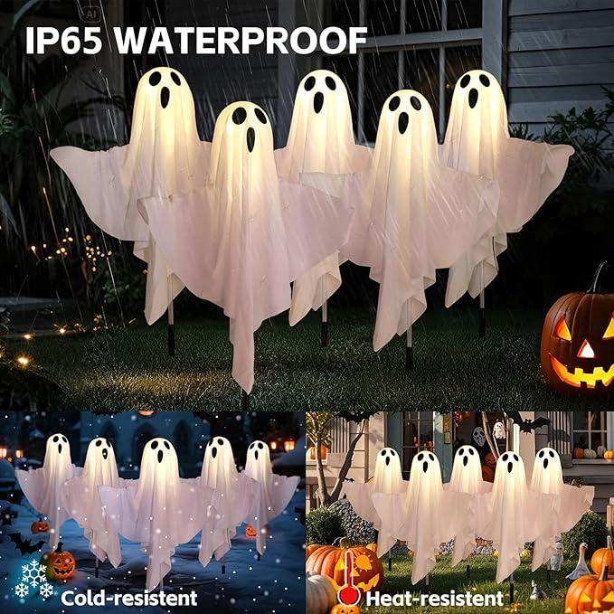 Set of 5 Solar Halloween Ghost Lights - Outdoor Ground Stake Decor