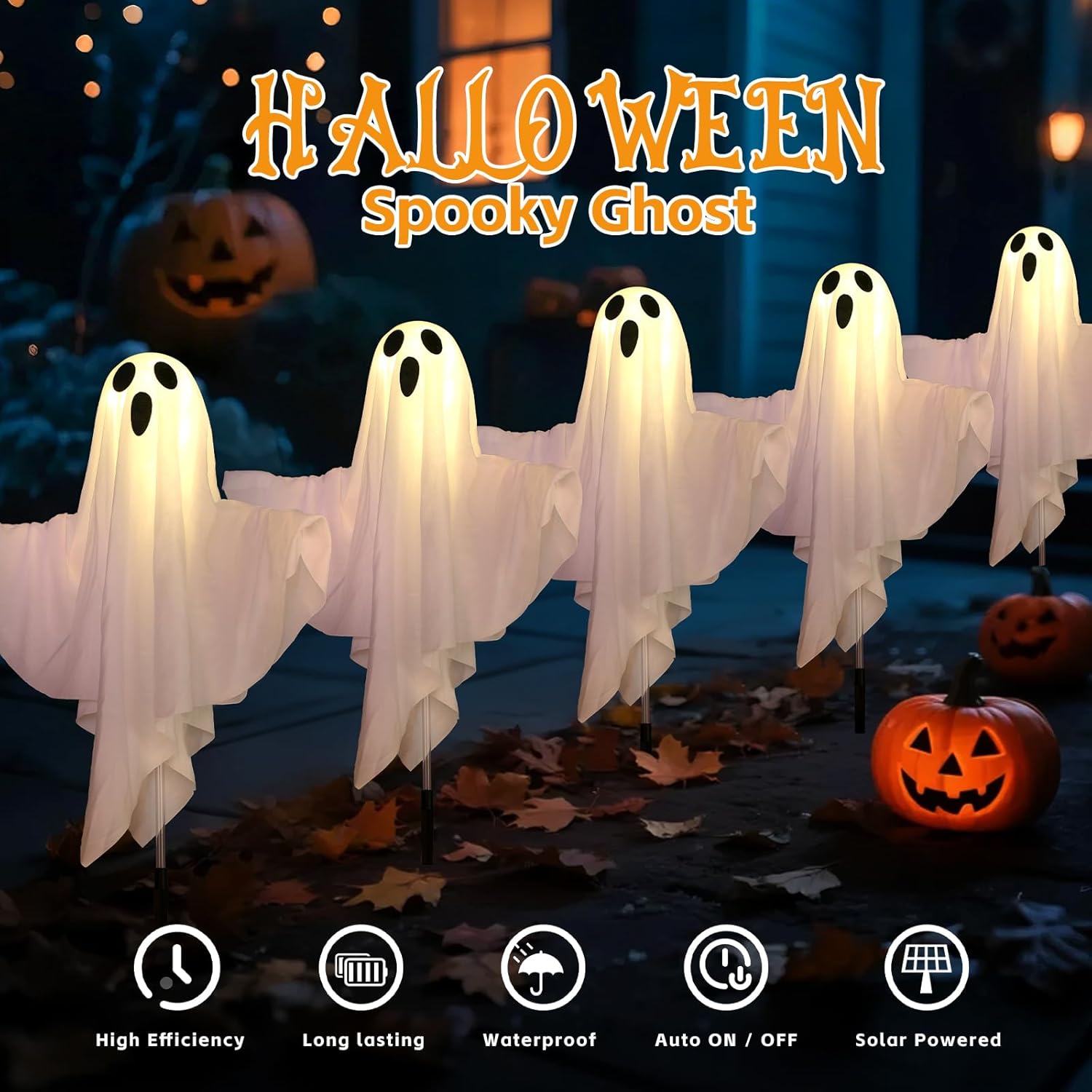 Set of 5 Solar Halloween Ghost Lights - Outdoor Ground Stake Decor