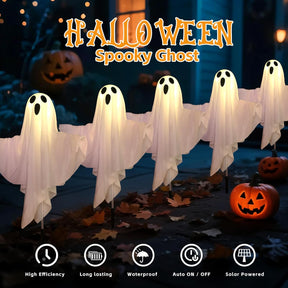 Set of 5 Solar Halloween Ghost Lights - Outdoor Ground Stake Decor