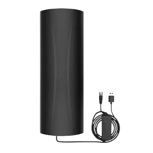 Black cylindrical antenna with power cable on a white background