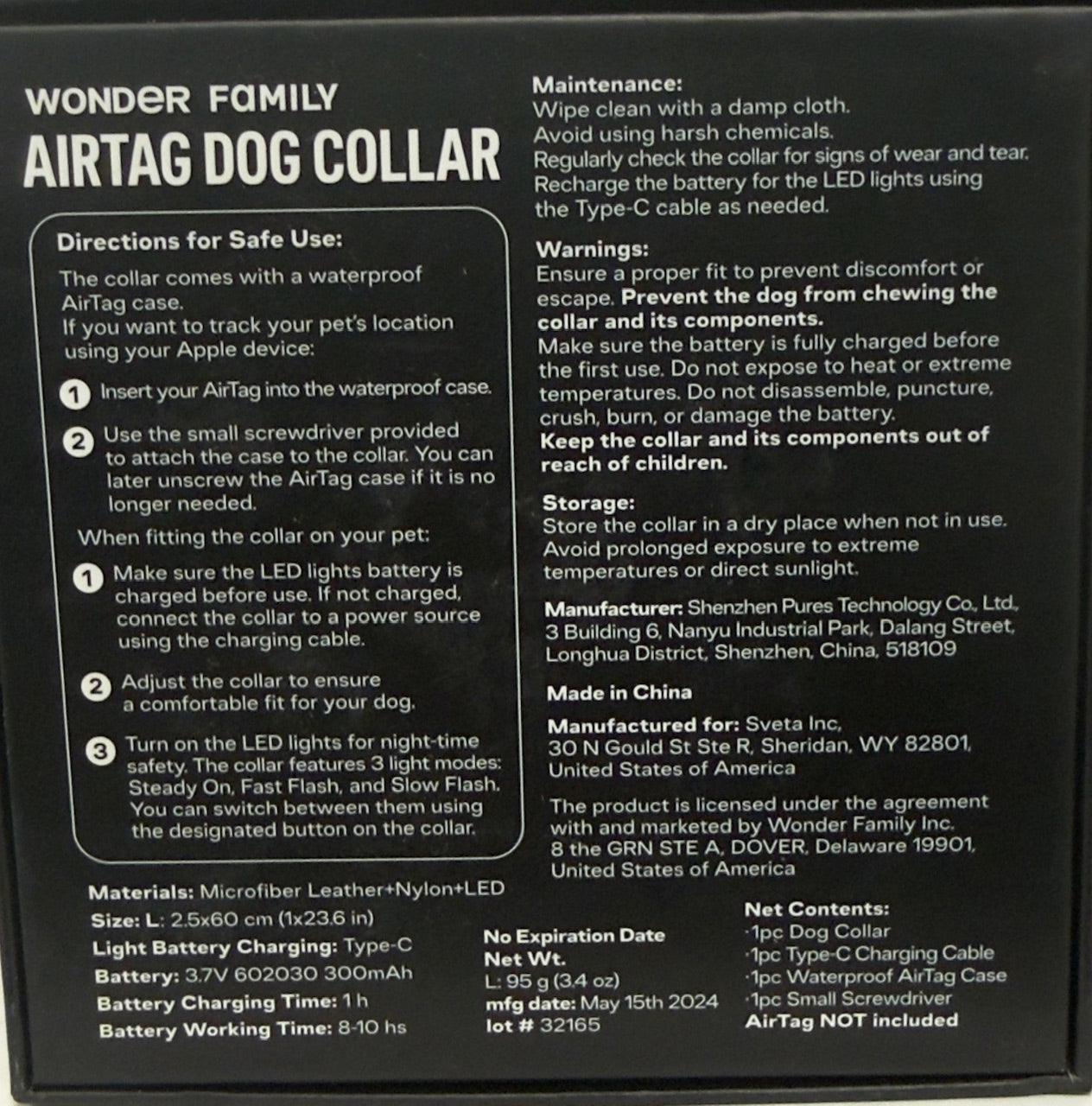 Waterproof LED Dog Collar with AirTag Holder - Size Large