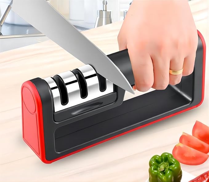3-Stage Kitchen Knife Sharpener System - Coarse, Medium, and Fine Slots