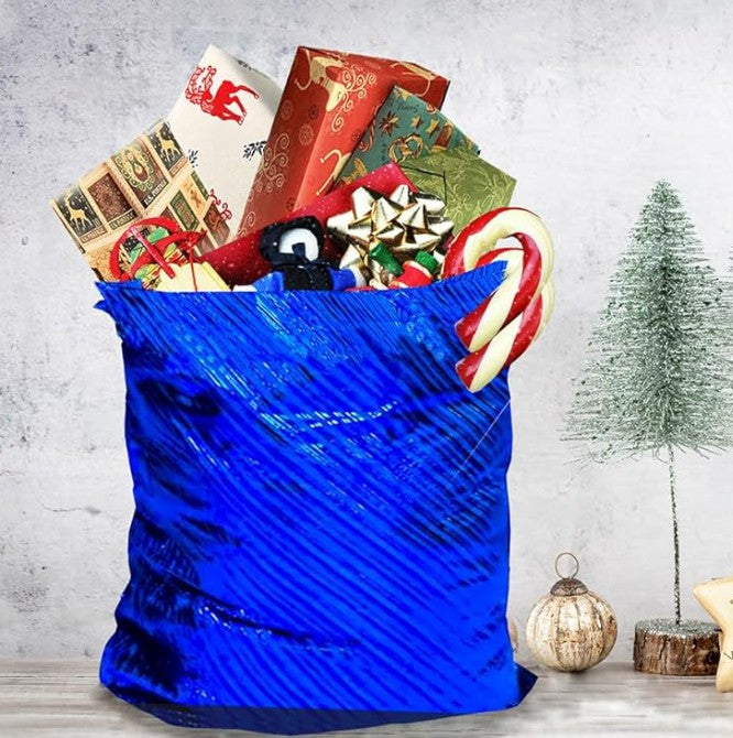 Extra Large Festive Metallic Blue Striped Gift Bag - 36 x 44 inches