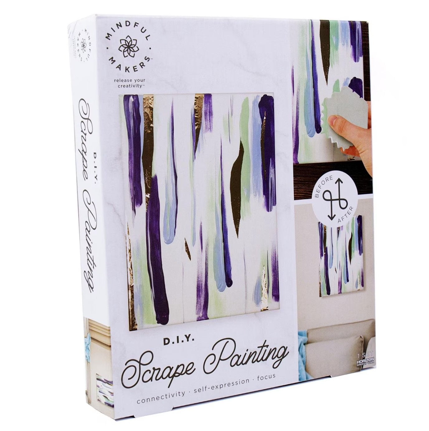 Box for a DIY scrape painting kit with artistic design and text on a white background