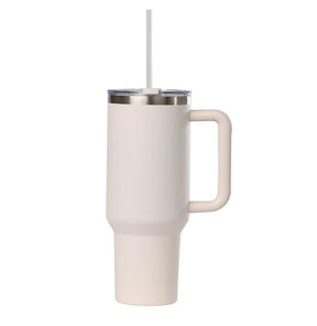 Cayman 40 oz Stainless Steel Tumbler with Handle, Lid, and Straw - White Sand