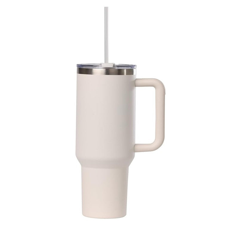Cayman 40 oz Stainless Steel Tumbler with Handle, Lid, and Straw - White Sand