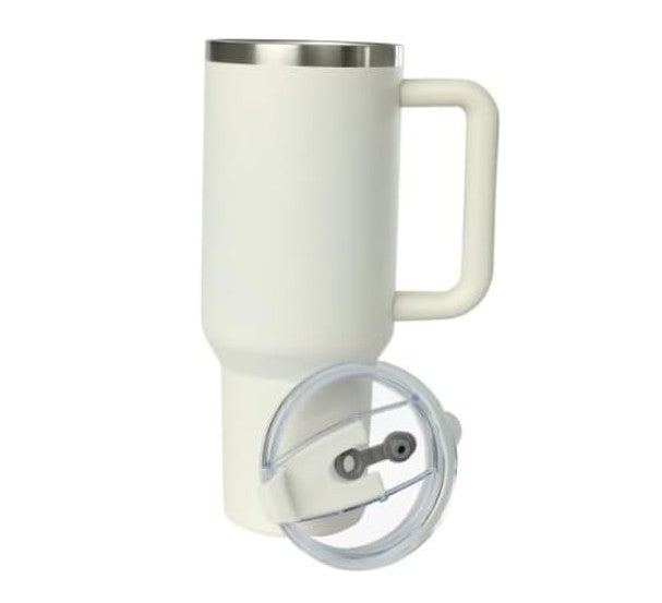 Cayman 40 oz Stainless Steel Tumbler with Handle, Lid, and Straw - White Sand