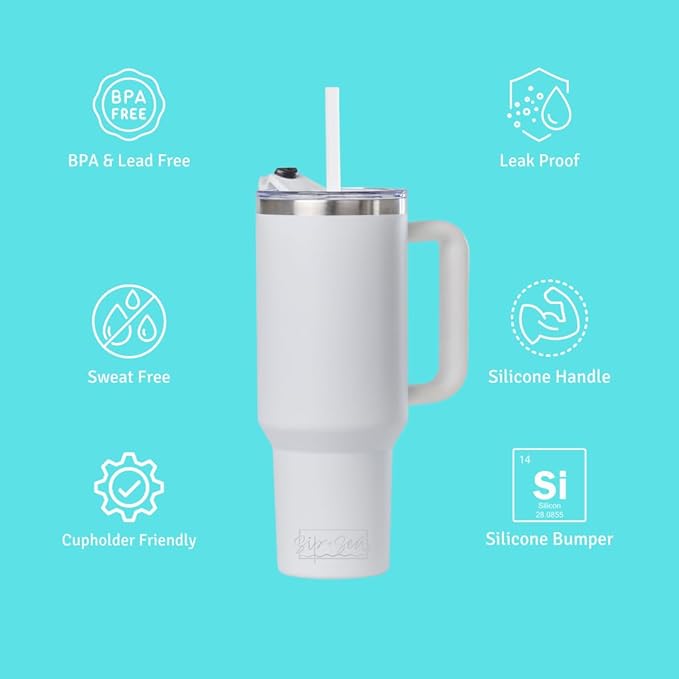 Cayman 40 oz Stainless Steel Tumbler with Handle, Lid, and Straw - White Sand