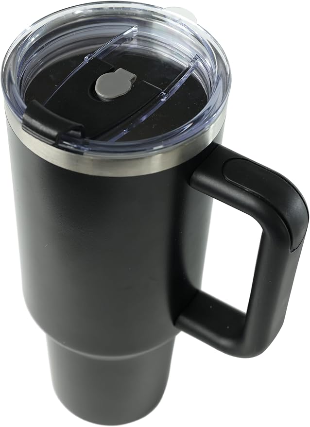 Cayman 40 oz Stainless Steel Tumbler with Handle, Lid, and Straw - Black