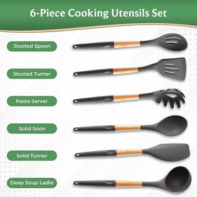 6-Piece Silicone Cooking Utensils Set with Natural Wood Handles