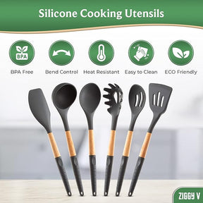 6-Piece Silicone Cooking Utensils Set with Natural Wood Handles