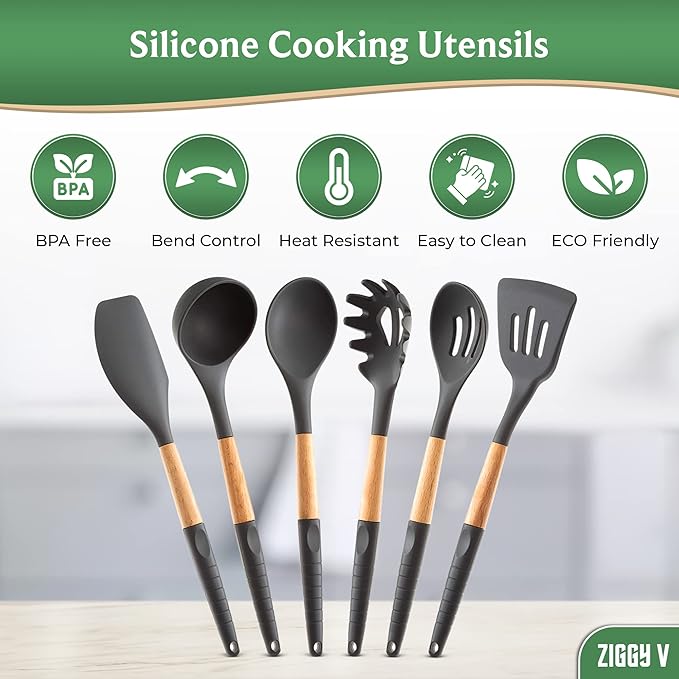 6-Piece Silicone Cooking Utensils Set with Natural Wood Handles