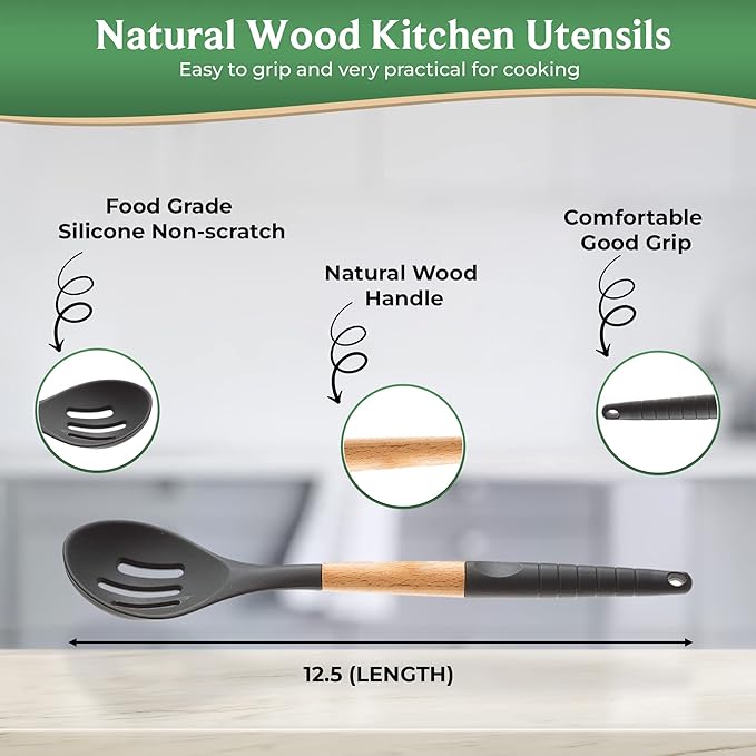 6-Piece Silicone Cooking Utensils Set with Natural Wood Handles
