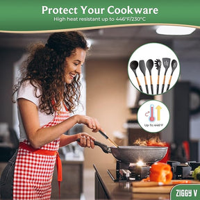 6-Piece Silicone Cooking Utensils Set with Natural Wood Handles