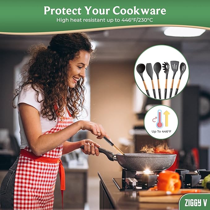 6-Piece Silicone Cooking Utensils Set with Natural Wood Handles
