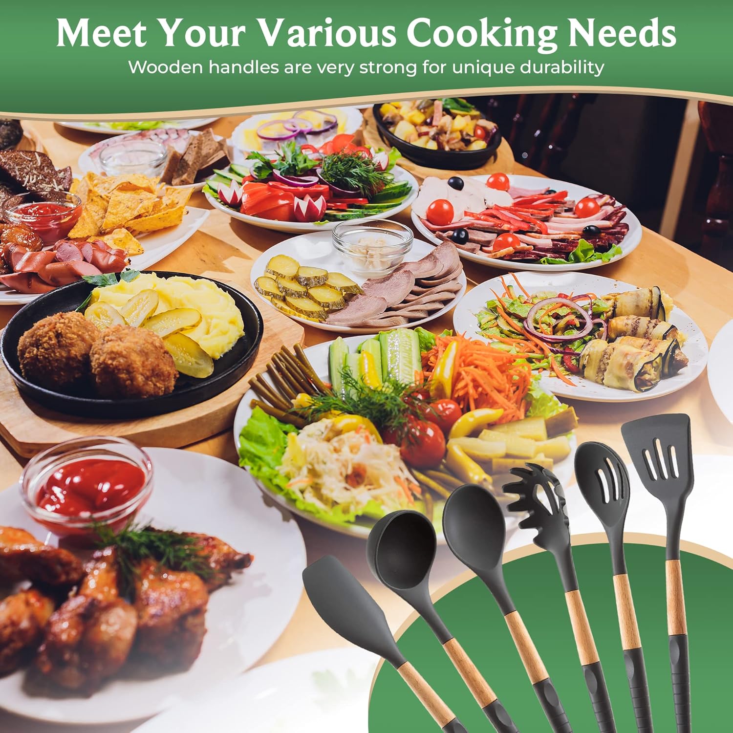6-Piece Silicone Cooking Utensils Set with Natural Wood Handles