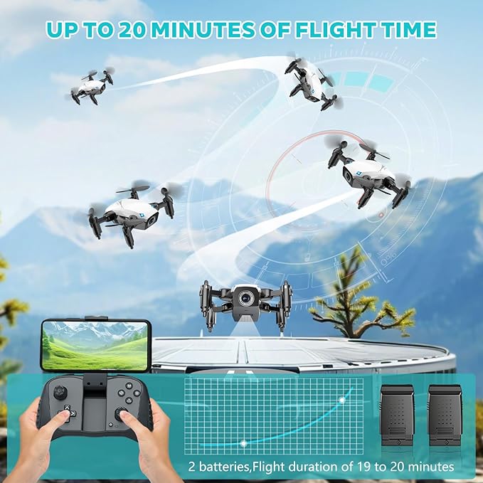 Foldable White Camera Drone with Voice and Gesture Control - 2 Batteries