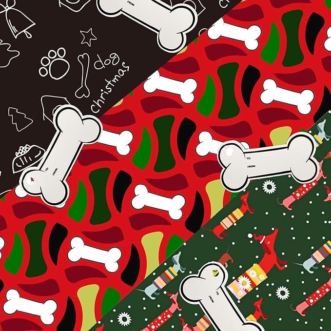 K-Kraft Festive Dog Wrapping Paper Set - 12 Sheets with Gift Tags