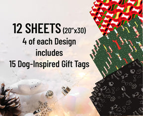 K-Kraft Festive Dog Wrapping Paper Set - 12 Sheets with Gift Tags