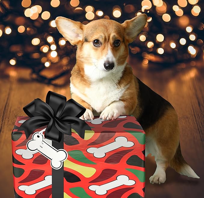 K-Kraft Festive Dog Wrapping Paper Set - 12 Sheets with Gift Tags