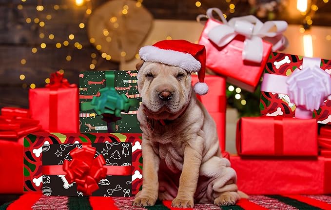 K-Kraft Festive Dog Wrapping Paper Set - 12 Sheets with Gift Tags