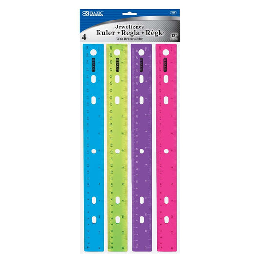 BAZIC Products 12" Jewel Tones Transparent Plastic Color Rulers (4-Count)