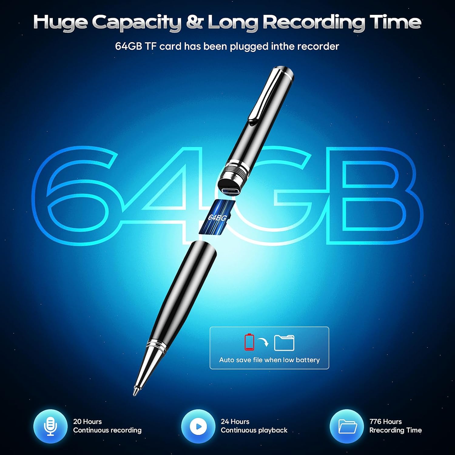 64GB Digital Voice Recorder Pen with AI Noise Reduction