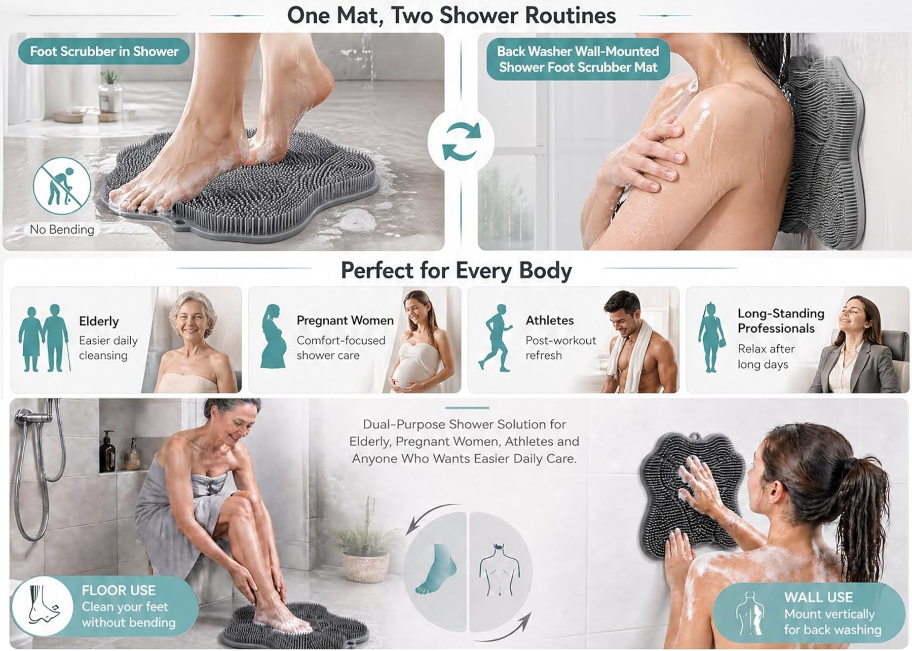 11.2" x 11" Dual-Sided Silicone Shower Foot Scrubber Mat