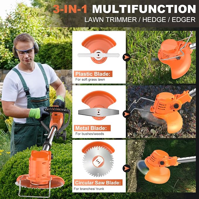 3-in-1 Cordless Lawn Trimmer & Edger with 2 Batteries and 3 Blade Types - 3.5 lbs
