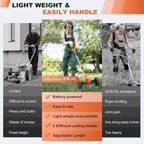 3-in-1 Cordless Lawn Trimmer & Edger with 2 Batteries and 3 Blade Types - 3.5 lbs