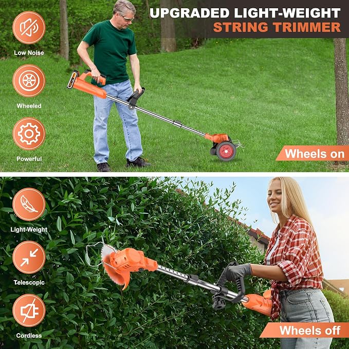 3-in-1 Cordless Lawn Trimmer & Edger with 2 Batteries and 3 Blade Types - 3.5 lbs