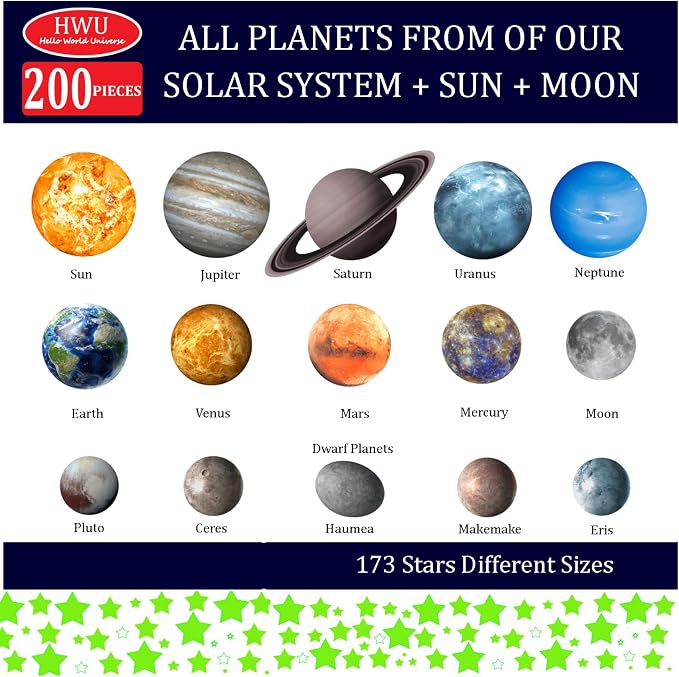 Hello World 200-Piece Glow in the Dark Stars and Solar System Set - 15 Planets for Ceilings and Walls