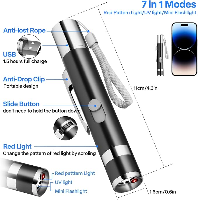 USB Rechargeable 4.5" x 0.7" 5-Pattern Laser Pointer Cat Toy - 3 Modes