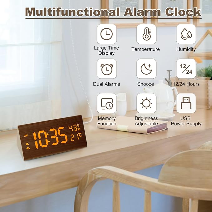 Wooden Digital Alarm Clock with Temp and Humidity - 8.1" x 1.7" x 3.6" One Size