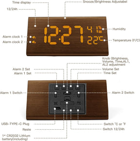 Wooden Digital Alarm Clock with Temp and Humidity - 8.1" x 1.7" x 3.6" One Size