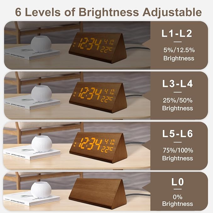 Wooden Digital Alarm Clock with Temp and Humidity - 8.1" x 1.7" x 3.6" One Size