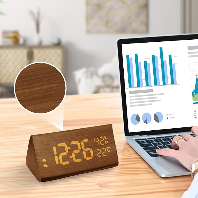 Wooden Digital Alarm Clock with Temp and Humidity - 8.1" x 1.7" x 3.6" One Size
