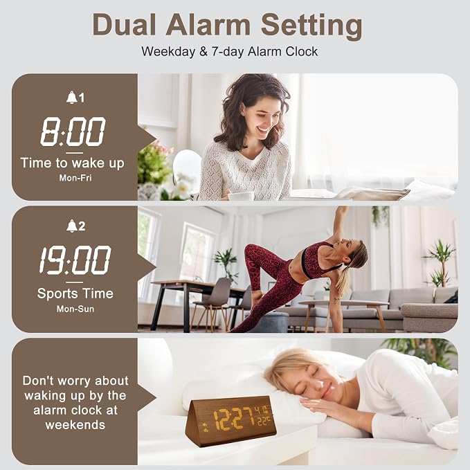 Wooden Digital Alarm Clock with Temp and Humidity - 8.1" x 1.7" x 3.6" One Size
