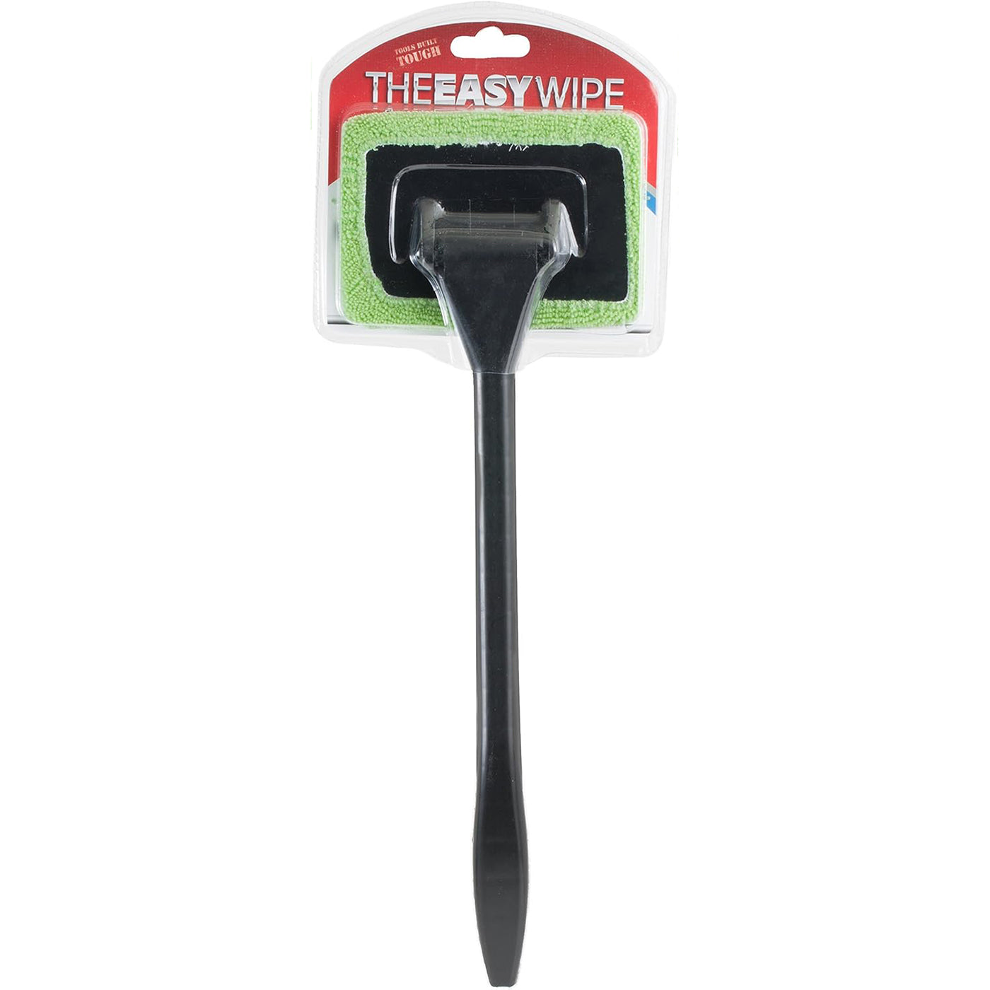 The window cleaner features a long black handle with a pivoting head and a green microfiber cleaning pad, all packaged in a clear plastic holder.