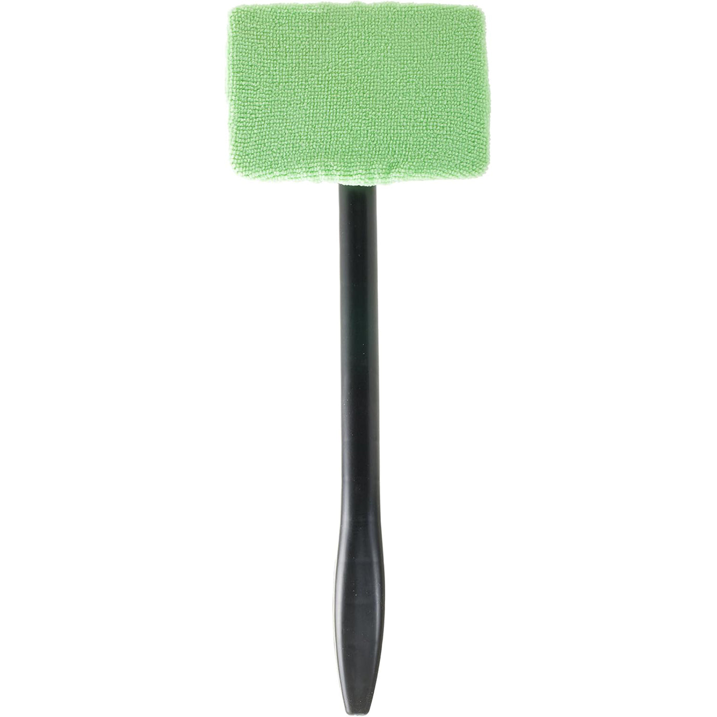 Green microfiber cleaning head attached to a black handle, designed for a window cleaner.