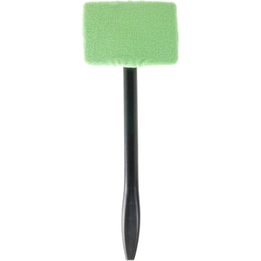 Green microfiber cleaning head attached to a black handle, designed for a window cleaner.