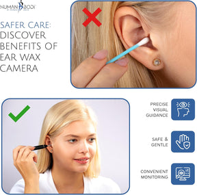 Illustration showing a comparison of ear cleaning methods with two images side by side; the left shows a person using a cotton swab incorrectly in their ear, while the right shows a person confidently using the ear wax removal camera. Text highlights benefits like "Precise Visual Guidance" and "Safe & Gentle."