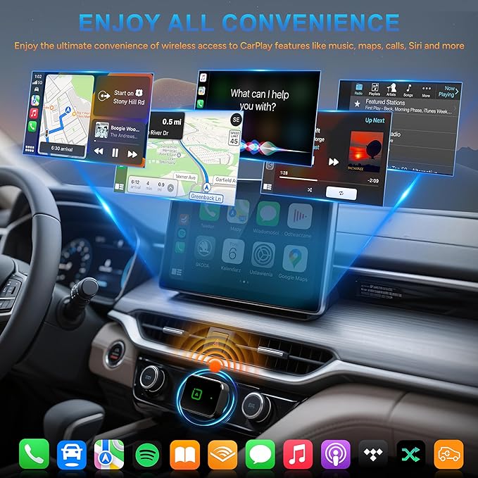 A car interior featuring a dashboard with a central console displaying multiple CarPlay screens, including maps and music, while a wireless adapter is positioned at the bottom. Various app icons, such as music and navigation, are shown at the bottom of the image, highlighting connectivity features.