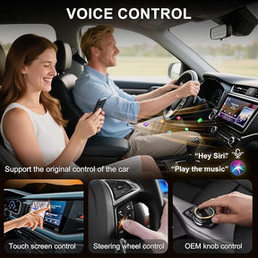 A man and woman are seated in a car, with the man driving and the woman using her smartphone, both smiling as they engage with the vehicle's technology. The dashboard features a touchscreen display, with icons representing voice commands and car control options, including touch screen, steering wheel, and OEM knob controls.