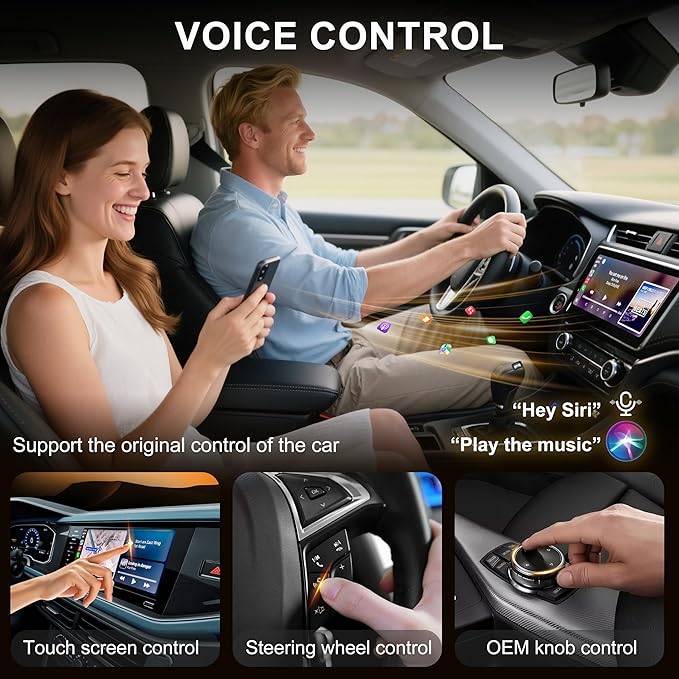 A man and woman are seated in a car, with the man driving and the woman using her smartphone, both smiling as they engage with the vehicle's technology. The dashboard features a touchscreen display, with icons representing voice commands and car control options, including touch screen, steering wheel, and OEM knob controls.