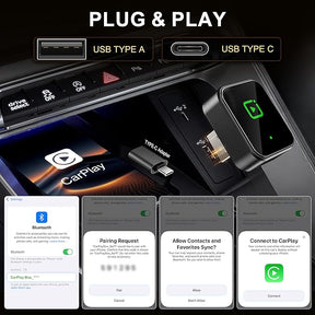 Close-up of a wireless CarPlay adapter with USB Type A and USB Type C ports shown in a car's dashboard. The screen displays the CarPlay logo and settings interface for pairing the adapter with an iPhone, along with user prompts for Bluetooth connectivity and contact syncing.