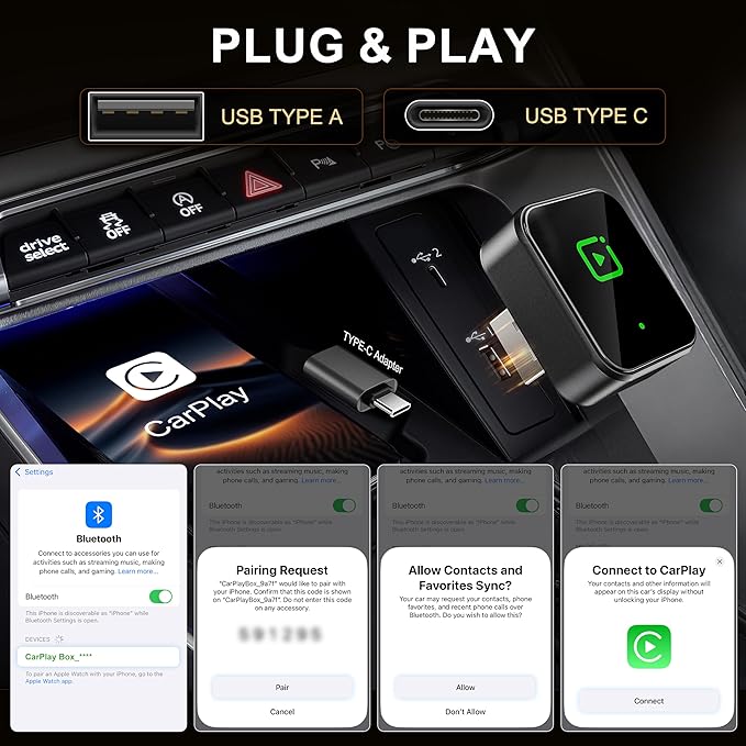 Close-up of a wireless CarPlay adapter with USB Type A and USB Type C ports shown in a car's dashboard. The screen displays the CarPlay logo and settings interface for pairing the adapter with an iPhone, along with user prompts for Bluetooth connectivity and contact syncing.